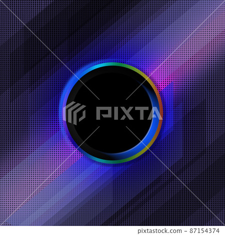 Blue spotlit perforated metal plate with the abstract black circle Blue spotlit perforated metal plate with the abstract black circle 87154374