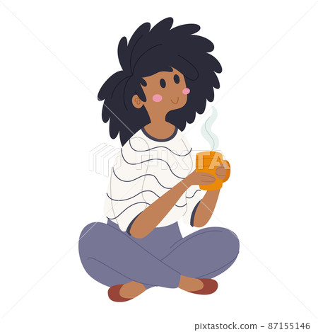 Afro american woman drinking a coffee cup Hygge lifestyle Vector Afro american woman drinking a coffee cup Hygge lifestyle Vector 87155146