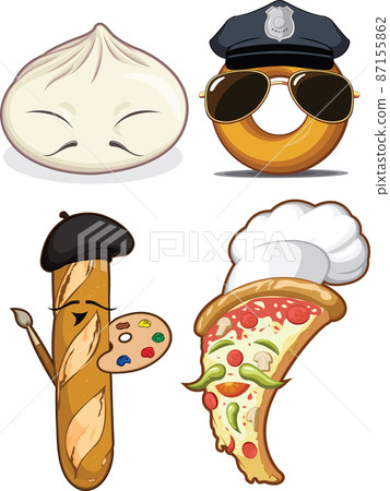 Cartoon Traditional Food Mascot Dumpling French Bread Pizza Donut 87155862