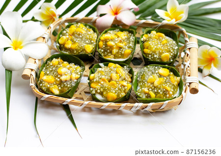Thai dessert coconut pudding with tapioca pearl or sago and corn 87156236