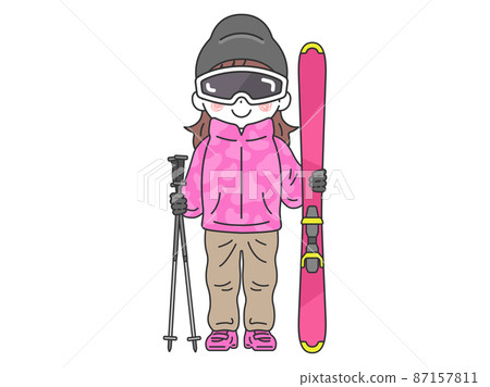 Illustration of a woman wearing goggles, ski poles and poles Illustration of a woman wearing goggles, ski poles and poles 87157811