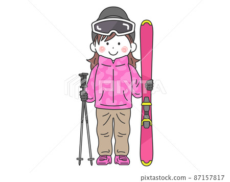 Illustration of a woman wearing ski suits, holding skis and poles Illustration of a woman wearing ski suits, holding skis and poles 87157817