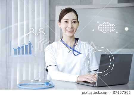 Social worker smiling woman window DX 87157865