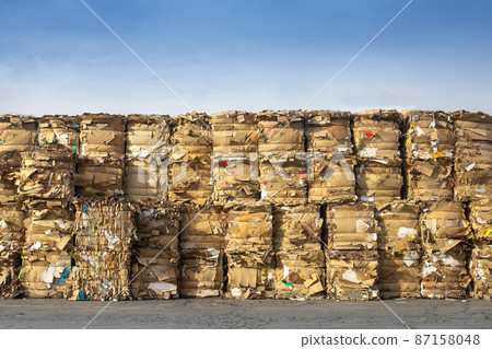 A lot of outdoor waste paper collection in boxes, prepared for recycling, copy space A lot of outdoor waste paper collection in boxes, prepared for recycling, copy space 87158048