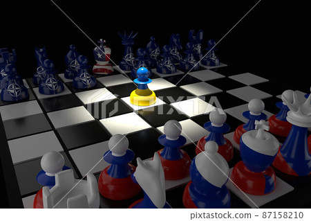 3D render illustration. Concept of Russia invades Ukraine. Check board. 87158210