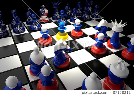 3D render illustration. Concept of Russia invades Ukraine. Check board. 87158211