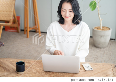 Beautiful Alafor Asian (Japanese woman) working on a computer with copy space 87159124