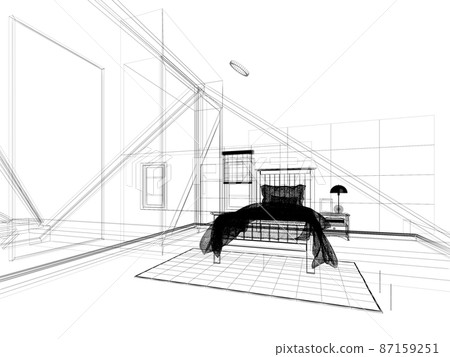 sketch design of interior attic bedroom,3d rendering 87159251
