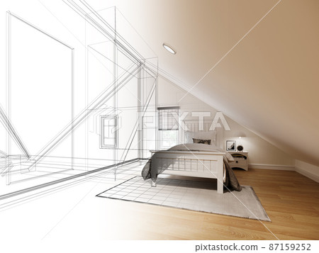 sketch design of interior attic bedroom,3d rendering sketch design of interior attic bedroom,3d rendering 87159252