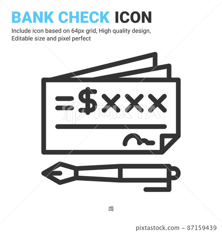 Bank check icon vector with outline style isolated on white background. Vector illustration bank check sign symbol icon concept for digital business, finance, industry, company, apps and project Bank check icon vector with outline style isolated on white background. Vector illustration bank check sign symbol icon concept for digital business, finance, industry, company, apps and project 87159439