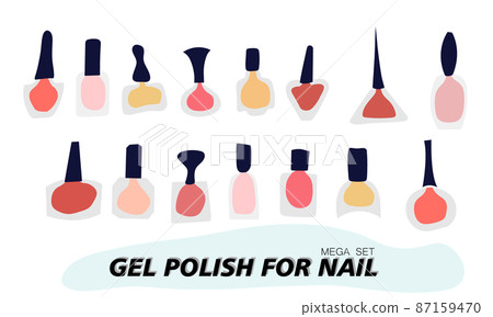 A set of jars with gel nail polish. Transparent jar, colored varnish is visible through the glass. Objects and materials for a beauty and fashion salon. Vector illustration. A set of jars with gel nail polish. Transparent jar, colored varnish is visible through the glass. Objects and materials for a beauty and fashion salon. Vector illustration. 87159470