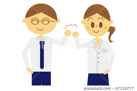 Illustration of the upper body of two people, a double-income couple, a colleague who cooperates in the same work, and a colleague who confirm the bond with a team of men and women 87159777