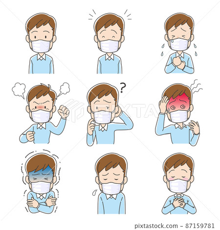 一個年輕人的面部表情集 (面具) 有一個溫柔的觸摸 87159781