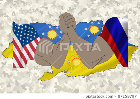 Vector illustration, Closeup, Arm wrestling of Usa against Russia on Ukranian Flag. Concept of crisis of war and political conflicts between nations. Vector illustration, Closeup, Arm wrestling of Usa against Russia on Ukranian Flag. Concept of crisis of war and political conflicts between nations. 87159797