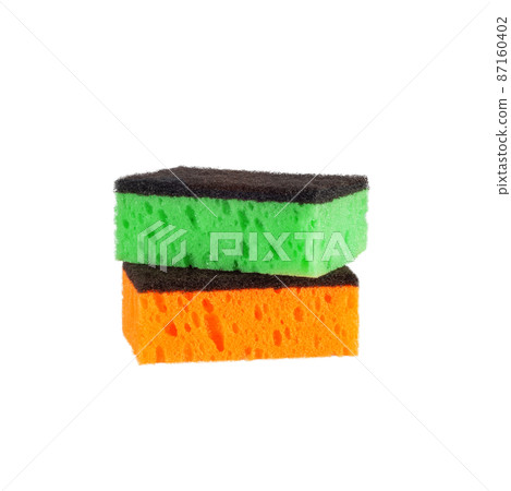 Red and Green Foam Sponge for Washing on White Background. File with Clipping Path. 87160402