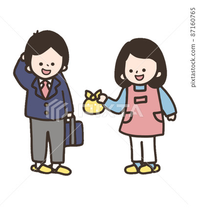 Mother giving lunch and son receiving Mother giving lunch and son receiving 87160765
