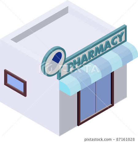 朝右，無主線，三維等距風格藥房外部插圖。 87161028