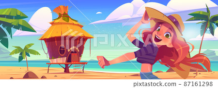 Happy girl on sea beach with bungalow 87161298