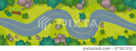 Top view of winding car road, grass and bushes Top view of winding car road, grass and bushes 87161352