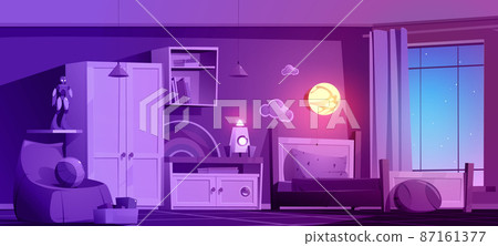 Boys bedroom with bed and toys at night Boys bedroom with bed and toys at night 87161377