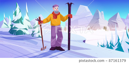 Elder man with ski and sticks stand on snow slope 87161379