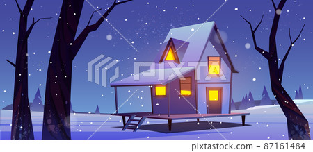 Wooden house night in winter forest, old shack Wooden house night in winter forest, old shack 87161484
