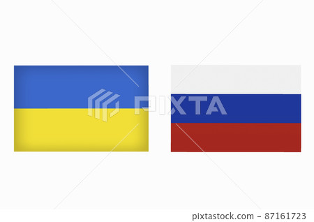 Ukraine vs Russia in world war crisis concept. Clash and military war conflict between Ukrainian and Russian country and nation. Flags of the two countries. Peace, no war, stop them. Flag symbols 87161723