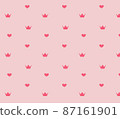 Pattern of pink hearts and crowns on a light pink background, vector image 87161901