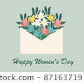 Happy Women's Day greeting card with an envelope with flowers on a light green background. vector 87163719