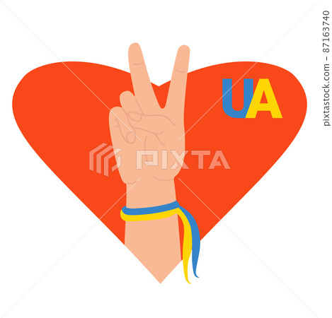 hand with yellow and blue ribbon shows hand gesture V - victory. Two fingers up on background of a red heart. Colors of Ukrainian flag. Vector illustration hand with yellow and blue ribbon shows hand gesture V - victory. Two fingers up on background of a red heart. Colors of Ukrainian flag. Vector illustration 87163740