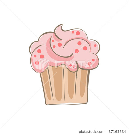 hand drawn cupcake with cream and topping. simple cartoon food illustration of cake. hand drawn cupcake with cream and topping. simple cartoon food illustration of cake. 87163884