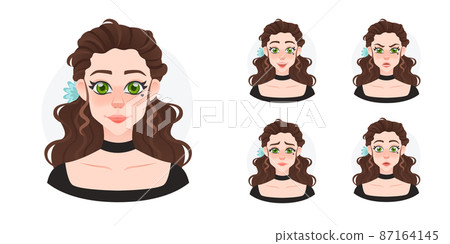 Cartoon young pretty girl avatar set. Beaulifull doll with blue flower in long curly hairs face expressions. Lady style Cartoon young pretty girl avatar set. Beaulifull doll with blue flower in long curly hairs face expressions. Lady style 87164145