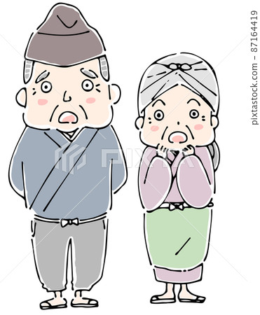 並肩站立的古板的祖父和祖母 87164419