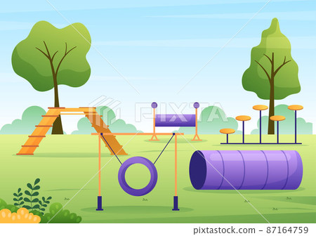 Dogs Training Center at Playground with Instructor Teaching Pets or Play for Tricks and Jumping Skills in Flat Cartoon Background Illustration Dogs Training Center at Playground with Instructor Teaching Pets or Play for Tricks and Jumping Skills in Flat Cartoon Background Illustration 87164759