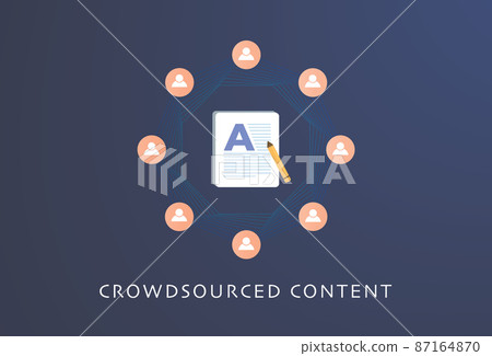 Crowdsourced content concept. Combined and coordinated participation of a group of people in generating user-generated content 87164870