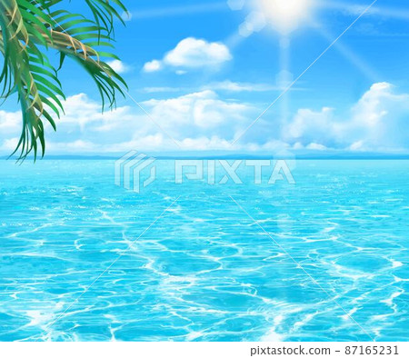 Beautiful frame illustration material of blue sky with refreshing clouds in summer, shimmering waves of the sea and palm trees Beautiful frame illustration material of blue sky with refreshing clouds in summer, shimmering waves of the sea and palm trees 87165231