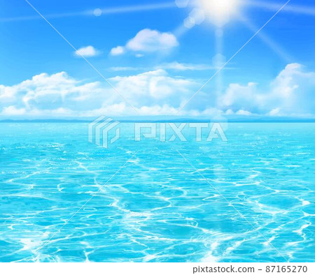 Beautiful frame illustration material of the blue sky with the refreshing clouds shining in the summer sun and the shimmering waves of the sea 87165270