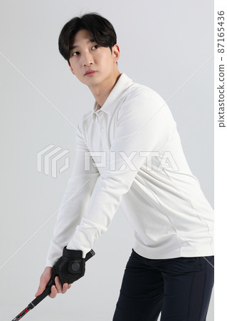 golf sports player, asian korean man with golf club in studio 87165436