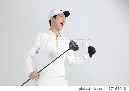 golf sports player, asian korean man with golf club in studio 87165648