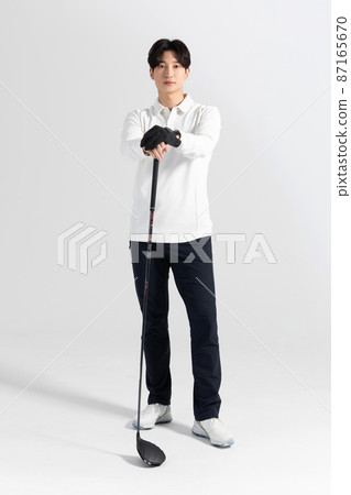 golf sports player, asian korean man with golf club in studio 87165670