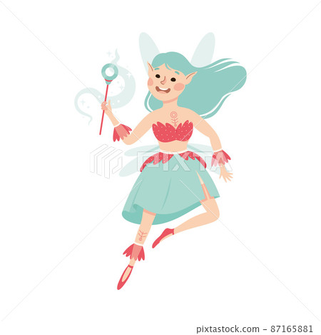 Cute Girl Fairy Flying with Wings Holding Magic Wand Vector Illustration. Little Pixie in Pretty Dress Hovering Around as Fantastic Creature from Fairytale Concept Cute Girl Fairy Flying with Wings Holding Magic Wand Vector Illustration. Little Pixie in Pretty Dress Hovering Around as Fantastic Creature from Fairytale Concept 87165881