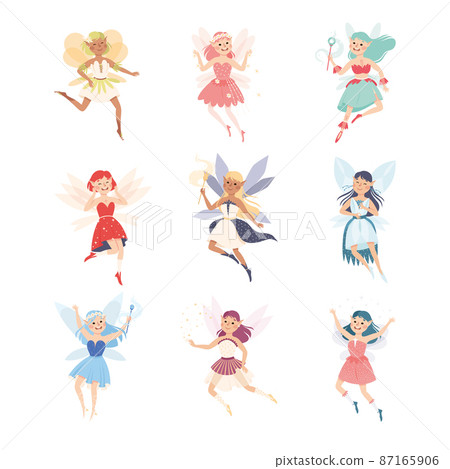 Cute Girl Fairy with Wings Flying with Magic Wand Vector Set Cute Girl Fairy with Wings Flying with Magic Wand Vector Set 87165906