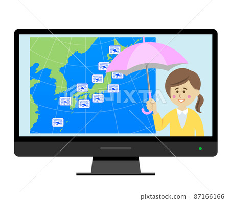 在電視上查看大雨天氣預報的插圖圖像 87166166
