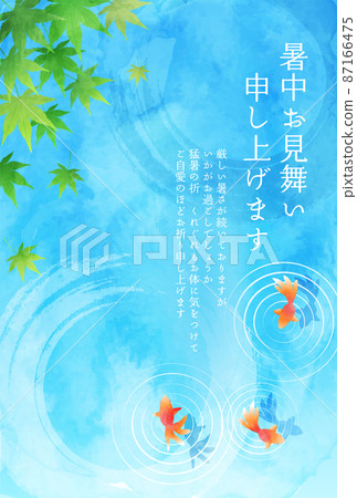 夏日清爽水彩夏日問候水面、金魚、秋葉的矢量圖解背景 87166475