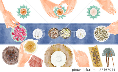 Chinese tea party tools hand drawn watercolor style illustration 87167014