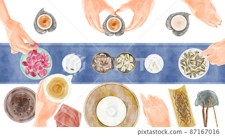 中國茶會工具手繪水彩風格插圖 87167016