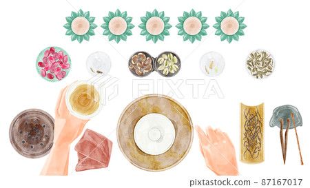 中國茶會工具手繪水彩風格插圖 87167017