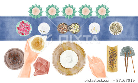 Chinese tea party tools hand drawn watercolor style illustration 87167019