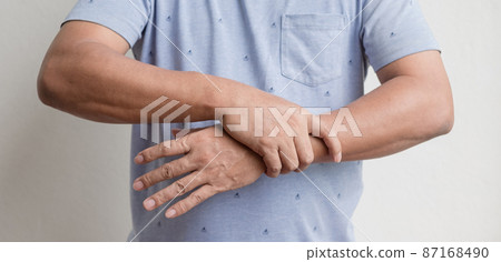 Man hand with numbness and pain in the wrist has pain and tingling in the nerve endings. which is a side effect of Guillain-Barre Syndrome after vaccination against COVID-19 Man hand with numbness and pain in the wrist has pain and tingling in the nerve endings. which is a side effect of Guillain-Barre Syndrome after vaccination against COVID-19 87168490