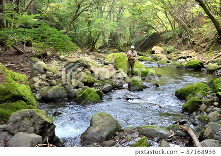 Men enjoying fly fishing in mountain streams 87168936